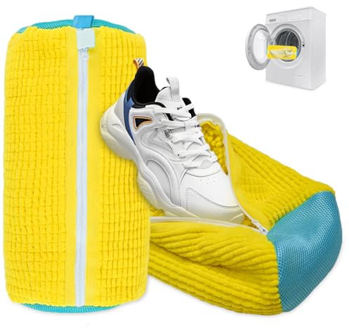 Mauepersu 2Pcs Waschbeutel Schuhe Gelb Schuh Waschbeutel Mit 360° Reinigungsflusen für Schuhe, 39 * 19cm, Schuhwaschbeutel für Waschmaschine und Trockner (Gelb)