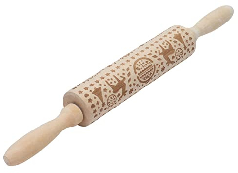 Mattarello con Stampa Natalizia, Manico Comodo, Rotolamento Liscio per Biscotti Natalizi Fai-da-te Fatti a Mano, Hemu, 35,5x4 Cm, Motivo Renna