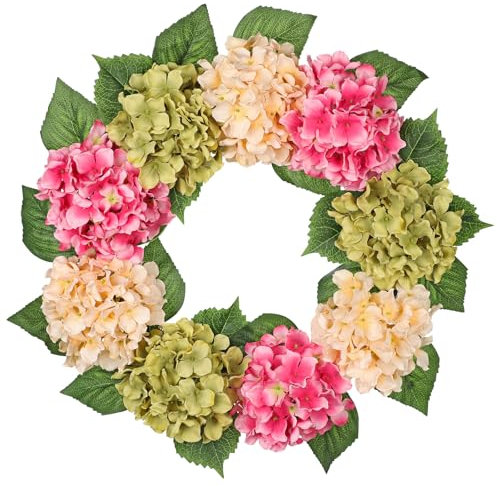 Oairse 24 Inch Artificial Hydrangea Wreath for Front Door Silk Flower Wreath with Pink and Green Blooms Spring and Summer Faux Floral Wreaths for Indoor Outdoor Wall Porch Farmhouse Decor