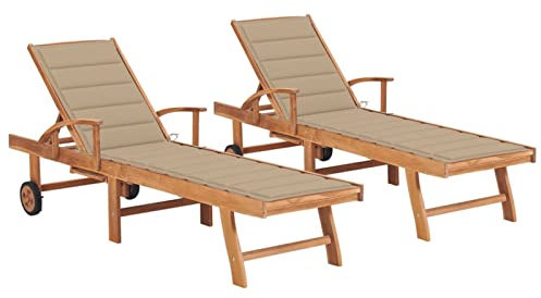 ShGaxin Sonnenliegen 2 STK. mit Auflagen Beige Massivholz Teak, Gartenliege, Liegestuhl, Sonnenstuhl, Sonneninsel Outdoor, Liegen, Gartenmöbel, Bäderliege, Relaxliege - 3073189