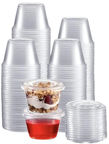 CaterCo 4oz / 100ml Sauce Pot (100 Pack) Containers with Secure Lids - Multi-Use, Leakproof, Round Clear Plastic Storage Container Pots For Sauces, Ketchup, Dips, Salads, Takeaway - (4oz - 100 Pack)