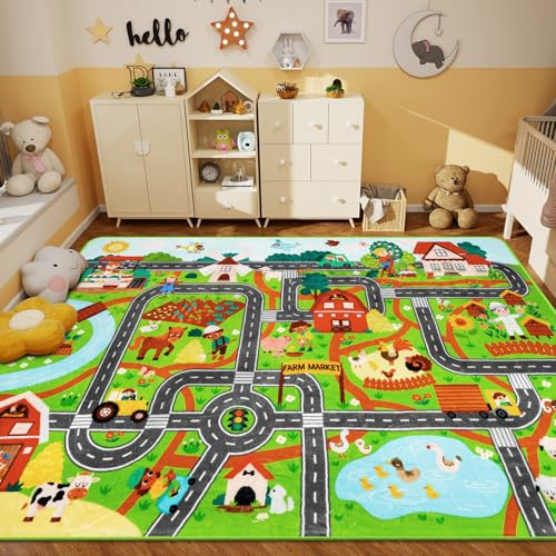 AKUNRUG Kids Rug Play Mat for Toy Cars, 150×100 CM Farm Life Market Road Traffic for Playroom Kid Car Road Rug Village Map Play Mat Non-Slip Washable Play Carpet for Toddlers Boys Room Family Playtime