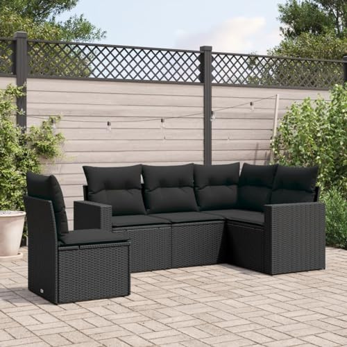 IKAYAA 5-TLG Rattan Gartenmöbel Set mit Stauraum Gartenlounge Balkon Lounge Gartenmöbel Klein Rattan Sofa Balkon Ecklounge Gartensofa Ecksofa Loungemöbel Terrasse-Schwarz