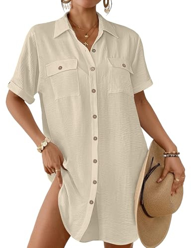 Bsubseach Women Button Down Beach Shirt Dress Resort Wear Apricot S