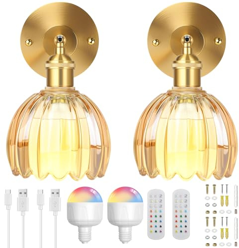 Vintage Rechargeable Wall Sconces - Set of 2, Battery Operated Wall Lights with Remote & Detachable RGB Bulbs, 3 Color Temperatures, Wireless Dimmable Sconce for Bedroom, Living Room, Hallway