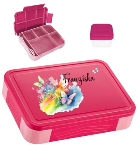 minimutz Contenitore per il pranzo personalizzato per bambini con molti scomparti, contenitore per il pranzo con nome senza BPA, a prova di perdite, set con stampa colorata farfalla (rosa)