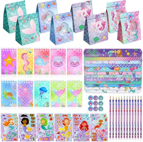 Graplan Meerjungfrau Mitgebsel, Kindergeburtstag Mitgebsel Set, Give Away Kindergeburtstag Geschenke für Mädchen mit Notizbuch, Schnapparmbänder, Bleistift, Stickers und Papier Geschenktüten