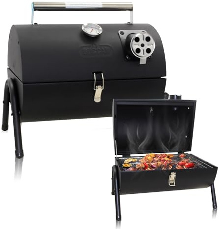 Muntel Räuchergrill, Holzkohlegrill, Smoker, Räucherofen, Tragbarer, Klappbarer BBQ Zylindergrill für Camping, Edelstahl-Griff, Thermometer, Grillrost, Schwarz