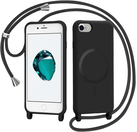 AOMYKE Handyband für iPhone SE 3/2 (2022/2020)，iPhone 8/7, Hülle mit Band, Magnetisch Handyhülle kompatibel mit Magsafe zum Umhängen Schutzhülle mit Kette Kordel Weich TPU Liquid Silikon Case，Schwarz