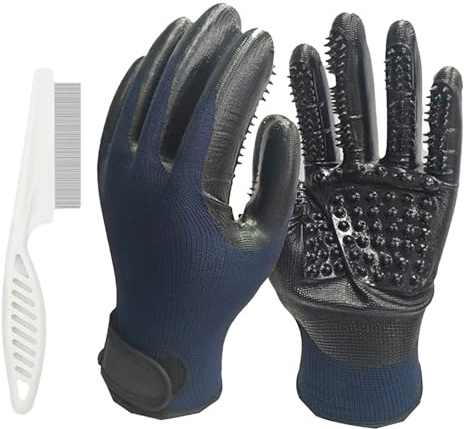 KATLKIU 2pcs Pet de-Shedding Gloves + 1pcs Pet Flea Comb Dog Cat Universal Bath Massage Brush de Shedding Gloves Clean de-Shedding Comb Left and Right Hand Universal