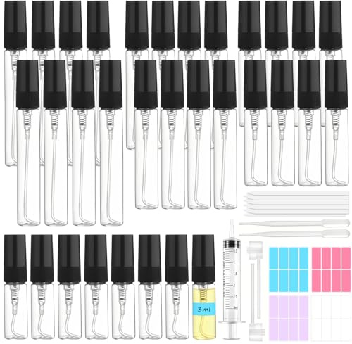 Maxumille 32 PCS Perfume Sample Bottles 3ml 5ml 8ml 10ml with 5 Accessories | Mini Glass Perfume Bottles with Pipettes Test Strips, Refillable Portable Clear Makeup Atomizer Sprayer for Perfumer Alcohol