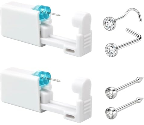 OBSEWAU 2 Pack Disposable Nose Piercing Kit with Silver Nose Stud, Self Piercing Gun Kit with L-Shape Stud, No Pain Sterile Safety Self Gun Tool