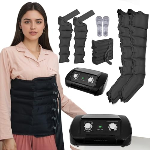 Presoterapia Piernas y Abdomen, Maquina Botas presoterapia Profesional para Casa Abdomen y Piernas Brazos, 6 Camaras Masajeador presoterapia, 0-30 Min, 30-240 Mmhg Ajustables (Black L)