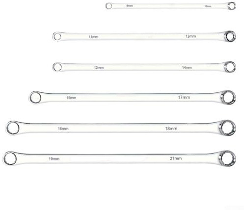 Extra langes Ringschlüssel-Set, 6-teilig, 12-kant, Doppelsteckschlüssel, 8–21 mm, Chrom-Vanadium-Stahl für Autoreparaturen und Ausrüstung