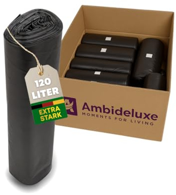Ambideluxe Bolsas de basura extrafuertes, 120 L, 10 rollos, bolsas de basura resistentes para el hogar, jardín y comercio, resistentes a roturas y perforaciones, gran capacidad