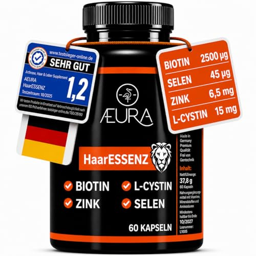 AEURA HaarESSENZ – Haarvitamine Biotin hochdosiert Zink Selen 17 Inhaltsstoffe Made in Germany 60 Kapseln