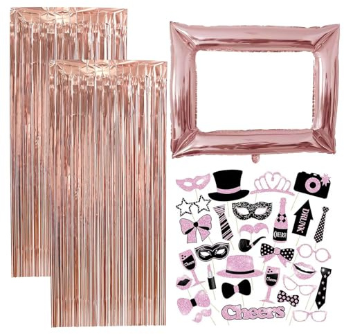 33 Stück Party Fotoautomat Requisiten Set - 1 Packen Foto Booth Props | 2 Stück Lametta Vorhang, 98cmx83cm Aufblasbarer Fotorahmen für Hochzeit Party Deko Geburtstag Fotobox Accessoires, Rosa