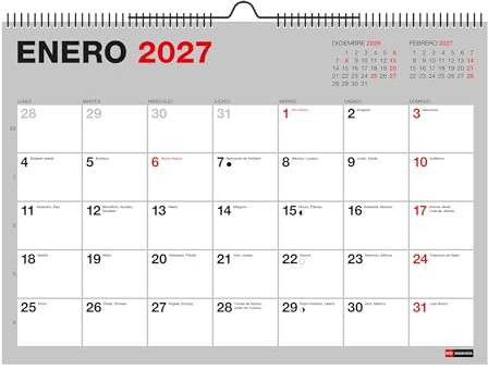 Miquelrius - Kalender 18 månader 2026 2027 Basic, A4-väggkalender (29,6 cm x 21 cm), med poängplats, dubbel hängande spiral, spanska