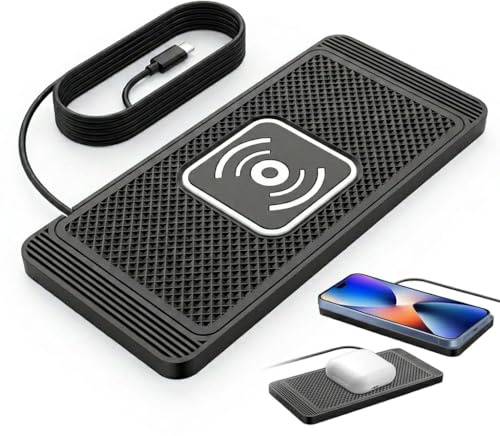 Chargeur Induction Voiture Rapide 15W, Tapis de Charge sans Fil | Antidérapant en Silicone avec Connecteur USB-C, Station de Recharge Voiture Compatible avec iPhone 16/15/14/13/12/11/X