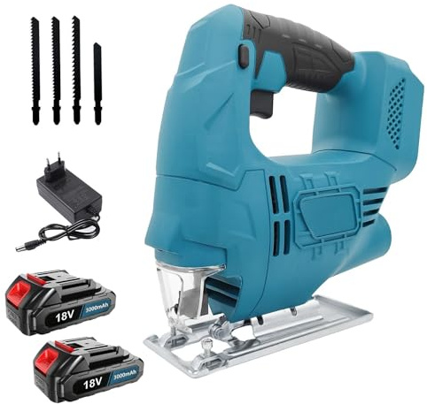 Scie sauteuse sans fil 18 V avec 2 batteries de 3000 mAh et chargeur – Moteur puissant, vitesse variable, lumière LED, fonction onglet (0-45°) et aspiration de la poussière