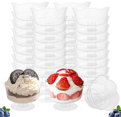 TTQiAnJ 40 Piezas Vasos de Postre de Plástico 70ml,Tazas de Postre de Flor,Copa de Aperitivo Transparente,Reutilizables para Pudín Mousse Helado Cumpleaños Bodas