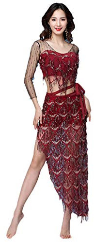 LaoZan Mode Hüfttuch Rock Bauchtanz Kostüm Quaste Mesh Top 3 Stücke Cocktailparty Tanzkleidung für Erwachsene Frauen (Wein Rrot, Asia M)