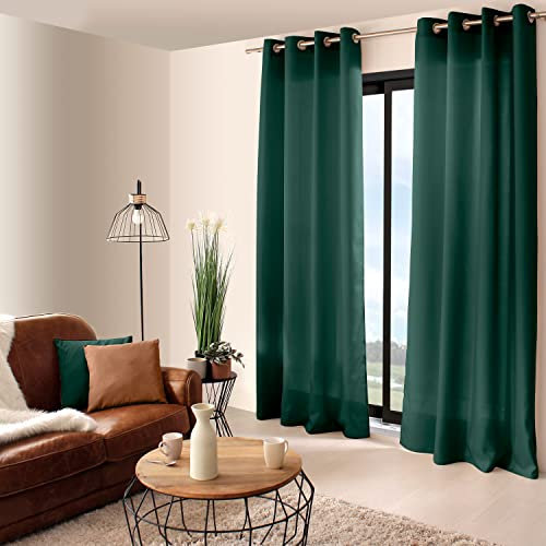 Enjoy Home, Curtain with 8 Chrome Metal Eyelets Diameter 4 cm, Polyester, Oeko Tex Certified Fabric, 140 x 240 cm, Basic Collection, Washable at 30°, for All Rooms, Linen, Dark Green