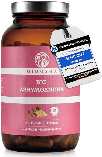 QIDOSHA® Bio Ashwagandha Kapseln, hochdosiert 1800 mg je Tagesportion, 180 Kapseln im Apothekerglas, Withania Somnifera (Schlafbeere), deutsche Fertigung, jede Charge laborgeprüft