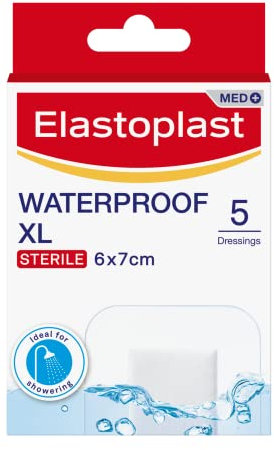 Elastoplast Waterproof XL Med+ Dressings (5 Pieces), Pack of First Aid Plasters, Large Plasters for Post-Operative Wounds, Waterproof Sterile Dressing for Wounds, 0% Latex, Flexible Material, Clear