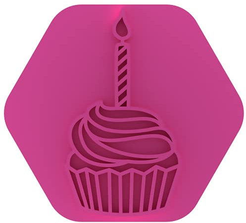 LissieLou Cupcake with Candle Cookie Stamp Happy Birthday Icing Stamp Fondant Embosser - Light Pink