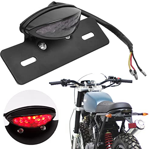 JMTBNO Moto LED Feu Arrière Feu Stop Plaque D'immatriculation Lumière Homologue Lumière Rouge Fumée Noire Teintée Universel 12V pour Moto Cruiser Chopper Scooter Cafe Racer Quad