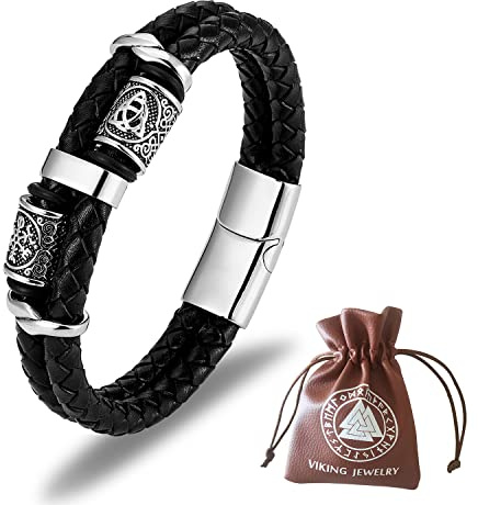 DPGOLDP Vegivisir-Armband aus Edelstahl Lederarmband Manschette Amulett Schmuck Nordischer Wikinger Kompass Runen Armreif