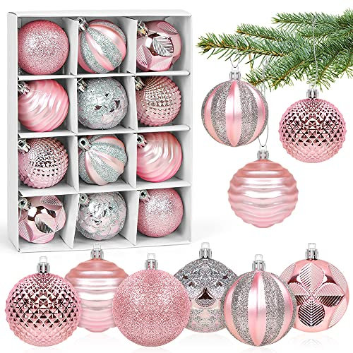 Bolas de Navidad Rosa, Bolas de Navidad Grandes 6cm, Adornos árbol de Navidad 12PCS, Navidad Esferas de Plastico, Pintado Bolas Adornos, Boda de Fiesta Hogar