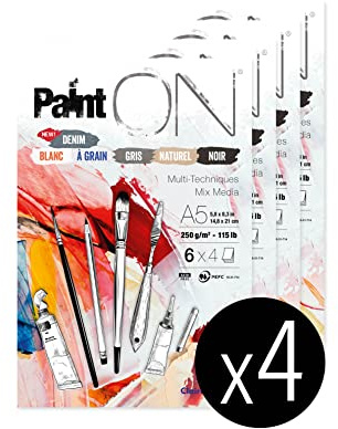 Clairefontaine 975409C - Packung mit 4 Blöcken Paint´ON DIN A5, kopfseitig geleimt, 24 Blatt, 250g, 6 Farben/Papiere sortiert, 1 Pack