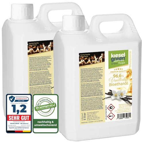 KieselGreen Bioethanol 10 Liter mit Duft für Ethanol-Kamin, viele Sorten - Bio Ethanol als Raumduft in vielen Duftnoten - Parfüm für Bio Ethanol Kamin Indoor oder (Vanilleduft, 10L)