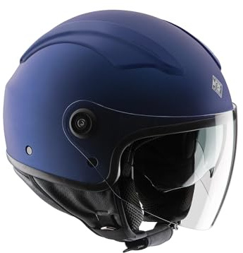 Tucano Urbano casco demi jet unisex EL'TOP. Casco moto in policarbonato, casco scooter all seasons con doppia visiera e copri–aerazione Dynamic Flow. Casco omologato ECE 22.05 blu opaco Tg. S