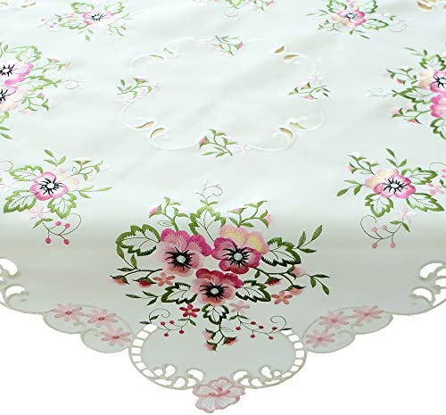 matches21 HOME & HOBBY Tischdecke Elke 85 x 85 cm edle Stickerei mit rosa Stiefmütterchen & Cutwork aus Polyester
