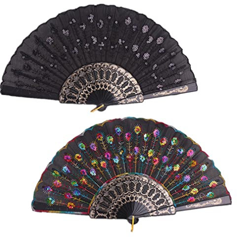 Morices 2 Pcs Sequin Folding Fans, Elegant Embroidered Flower Peacock Pattern Handheld Fan, Decorative Hand Fans for Dancing Wedding Party Favors Gift Wall Hanging Decoration (Black + Colorful)