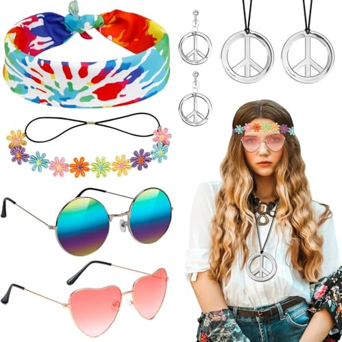 LOHAME Hippie Kostüm Set 9 Stück 60er 70er Jahre Retro Zubehör mit Friedenszeichen Halskette Boho Gänseblümchen Stirnband Hippie Vintage Brille für Mottoparty Strand Reisen Fotografie