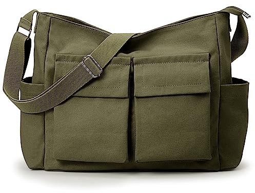 KALIDI Canvas Tote Messenger Bag with Pockets, Large Crossbody Bags for Women or Men, Casual Canvas Shoulder Bag for College Work Travel Daily, Army Green