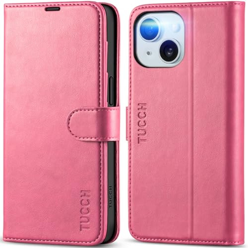 TUCCH Wallet Case for iPhone 15 (6.1), Hot Pink | 4 Card Slots, RFID Blocking, Kickstand, Shockproof TPU Shell, Premium PU Leather, Magnetic Closure, Folio Flip Cover