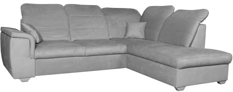 Ecksofa Bergamo L-Form Corner Schlafosfa aus Velours stilvoll Ecke mit Schlaffunktion und Bettkasten Polsterecke mit verstellbaren Kopfstützen, Stoff: viton 200 - hellgrau, Ottomane: rechts