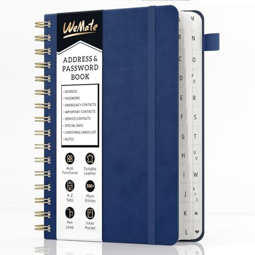 WEMATE Spiral-Adressbuch mit alphabetischen Tabs, Leder-Passwortbuch, Adress-Organizer, Telefon-Notizbuch, Tagebuch, Kontakte sicher halten, Hardcover, Großdruck, für Senioren, Heimbüro, 5,8″×8,2″