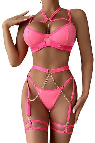 Mingnos Strapsen Dessous-Sets für Damen Sexy Unterwäsche Outfit Kropfband Bügel BH und Slip mit Strumpfband Reizwäsche 6 Teilig Rosa, S
