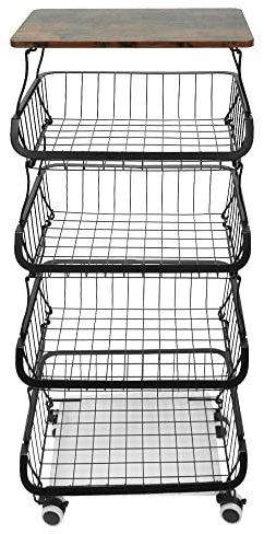 Carrello Portafrutta, Cesti Impilabili su Ruote con 5 Cestini Portaoggetti in Filo, Cestino Cesti Impilabili su Ruote Cesti Impilabili per Cucina, Dispensa, Ripostiglio, Bagno-40*30*94 cm (nero)