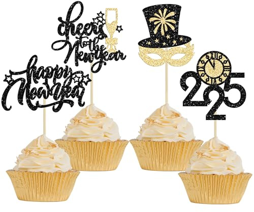 24Pcs Happy New Year Cupcake Toppers 2025 Glitter Cheers to the New Year Magic Hat 2025 Clock Cupcake Pick Decorations for 2025 Happy New Years Eve Party Supplies Black Gold