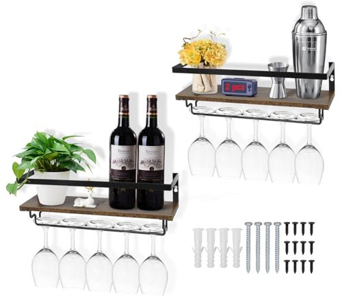 Aolawco 2 Pcs Wall Mounted Wine Rack with Stemware Hanger, Wine Glass Holder Floating Bar Shelves for Kitchen Dining Room 15.7 * 4.3 * 5.7 in (Black) (Patented Design)
