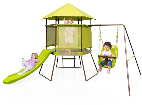 GYMAX 4 in 1 Kids Swing Set, Metal Swing A-Frame with Baby Swing, Canopy Fort, Slide & Ladder, Outdoor Children Playground Playset for Garden Backyard, GY11649GN+