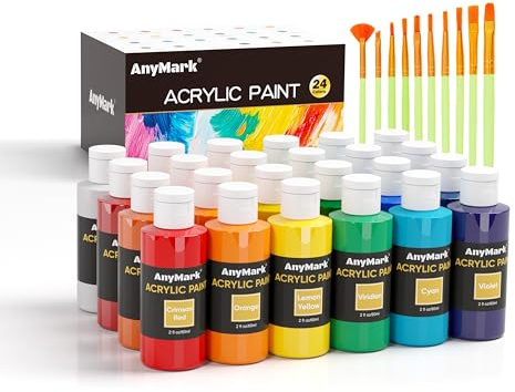AnyMark Vernice Acrilica Classica, Set di 24 Colori Brillanti (60 ml, 2 oz), Colori Acrilici per Adulti e Artisti, Vernice Multi-Superficie per Tessuto, Tela, Artigianato e Vetro