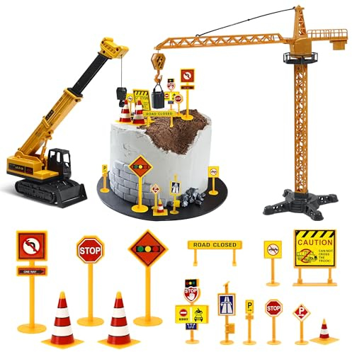 16 Pieces Large Construction Cake Toppers Construction Vehicle Cake Decorations Set Crane Tower Tractor Car Traffic Road Sign Cake Topper for Kids Boys Birthday Baby Shower Construction Sand Pit Toys